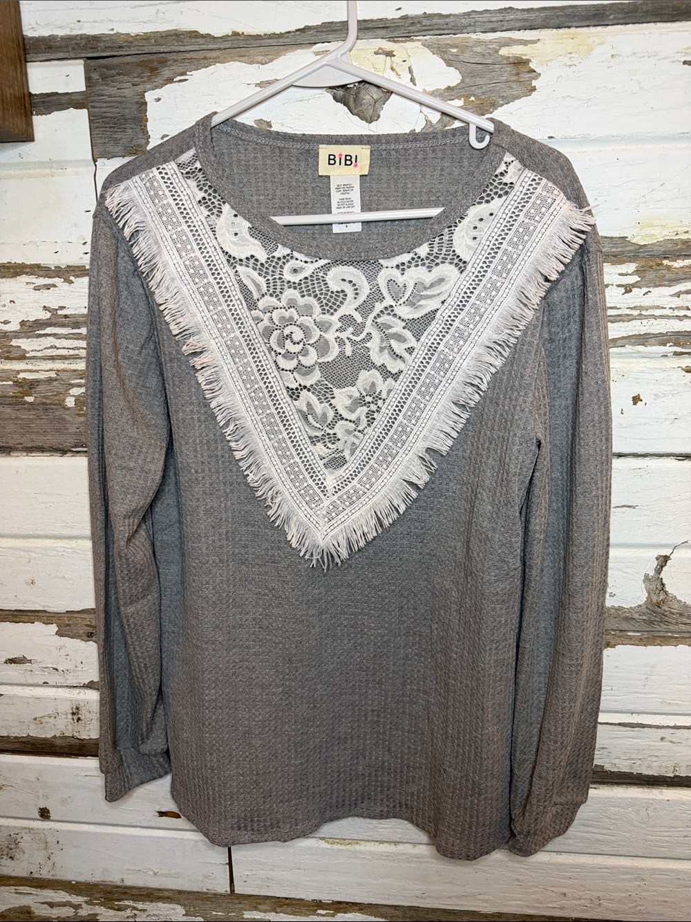 BiBi Gray Long Sleeve Top with White Lace V-Front ( 20
